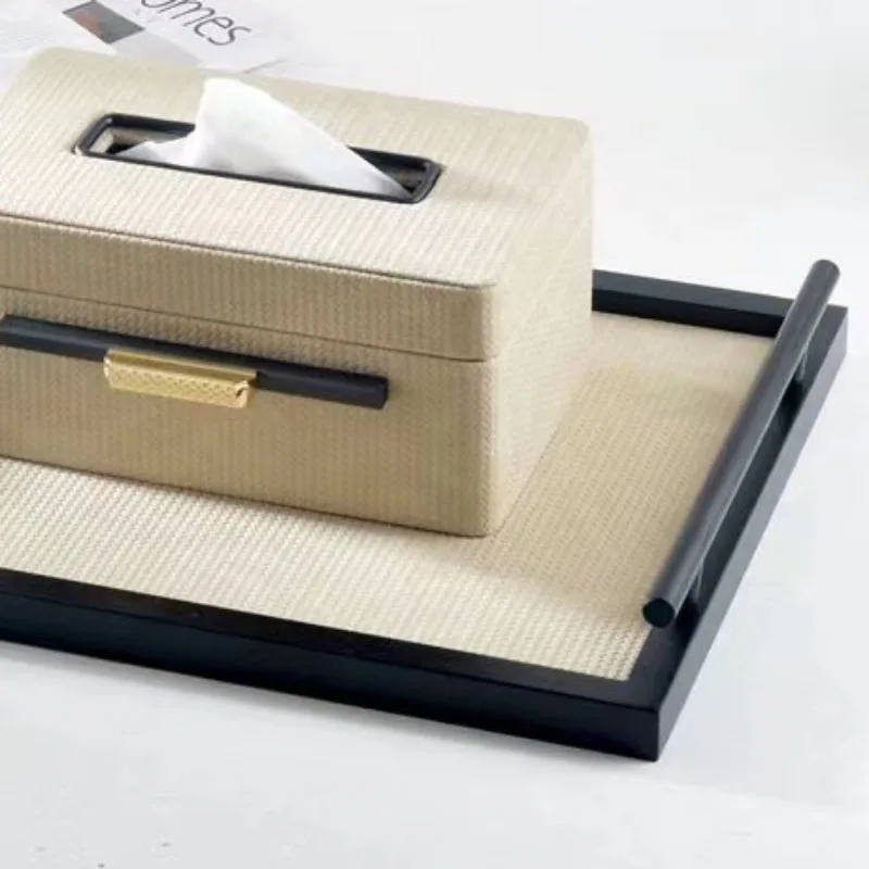 Leather Storage Tray Creative Gold Plated Rectangle Office Desktop Ornament Western Restaurant Tissue Box Modern Home Decoration 3