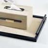 Leather Storage Tray Creative Gold Plated Rectangle Office Desktop Ornament Western Restaurant Tissue Box Modern Home Decoration 3