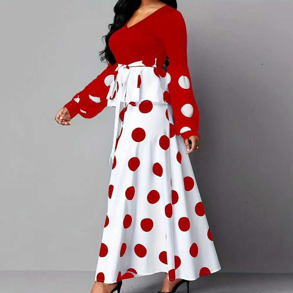

Color Matching Maxi Dress V Neck Dot Print Maxi Dress with Ruffle Patchwork Lace-up High Waist Women's A-line Spring Fall Dress