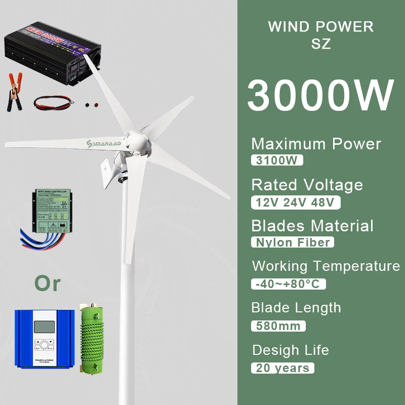 3000W Horizontal Wind Turbine Generator 12V 24V 48V Dynamo Free Energy MPPT Off Grid System Homeuse Windmill