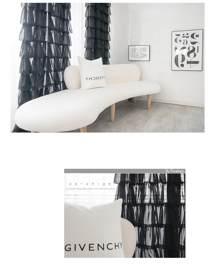 Modern Fashion Cupcake Layer Curtains Korean Black White Lace Sheer Curtain for Living Room Girls Room Romantic Ruffles Cortinas