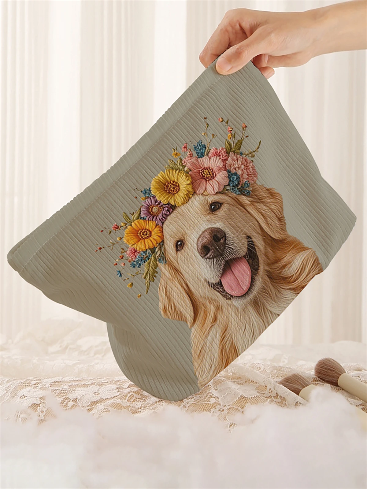 1 cartoon dog pattern printed corduroy makeup bag, lightweight zipper makeup storage box, multifunctional bag with lining