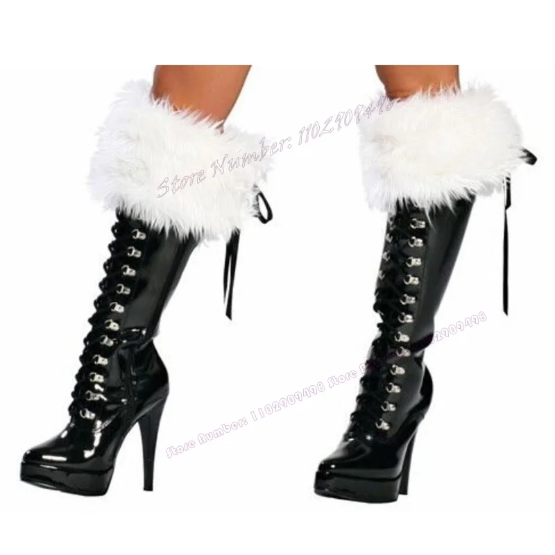 

Black Patent Leather Cross Tied Fluffy Decor Boots Pointed Toe Shoes for Women Spike High Heels Shoes 2023 Zapatos Para Mujere