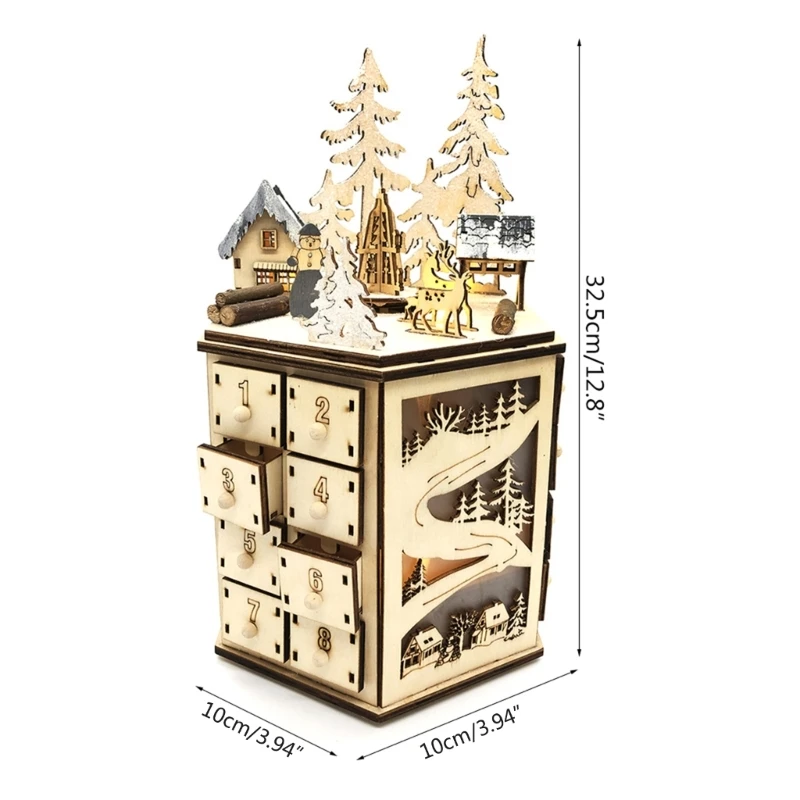 Christmas Wooden Advent Calendar Countdown Decoration 24 Drawers with LED Light Rotating Music Ornament Party Decor