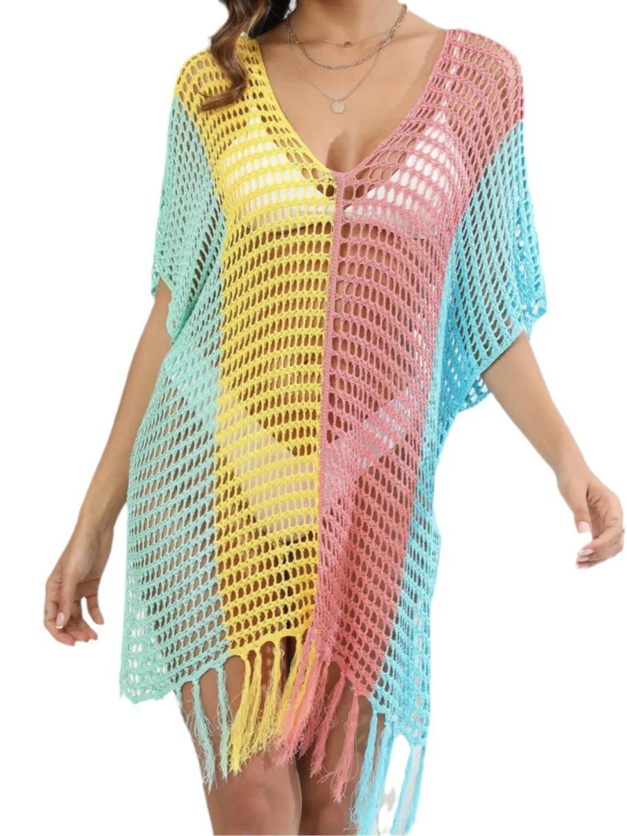 Summer New Contrasting Striped Vacation Swimsuit Cover, Hollowed Out Knitted Beach Dress, Casual Loose Tassel Dress CR3736