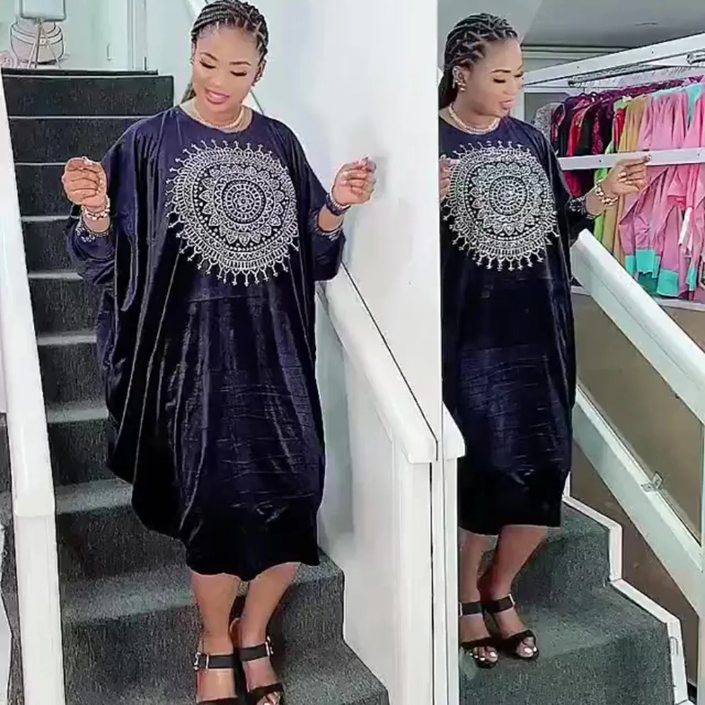 

2022 Polyester African Dresses for Women Summer African Women Short Sleeve Solid Color Knee-length Dress African Clothes Women