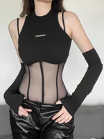 Black Bodysuit Lingerie Sexy Body Feminino See Through Corset Top Women Rave Outfit Mesh Patchwork One-Pieces Lenceria Femenina - Image 2