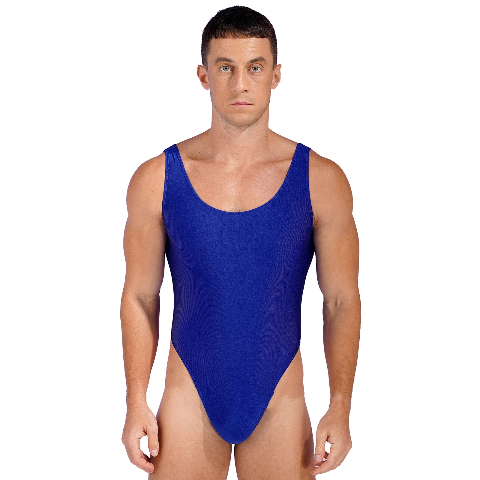 Mens One-piece Swimsuits Sleeveless High Cut Bodysuit Low Back Stretch Solid Leotard Swimwear Men Fashion Swimming Bathing Suit