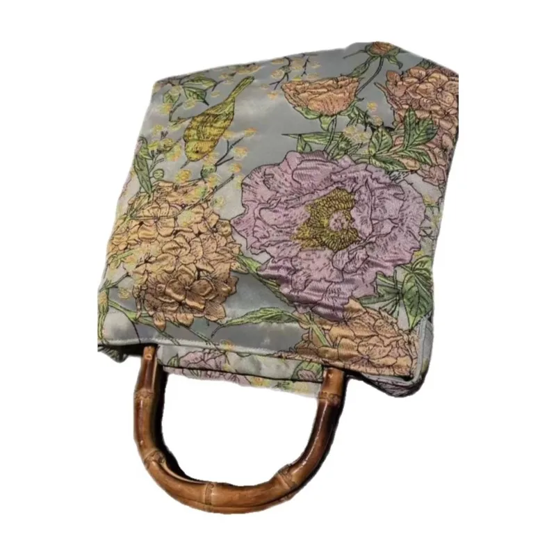 Green Peony Tote Bag Women Double Layer Bamboo Handle Large Capacity Shoulder Bags Ladies Vintage Elegant Gentle Crossbody Bag