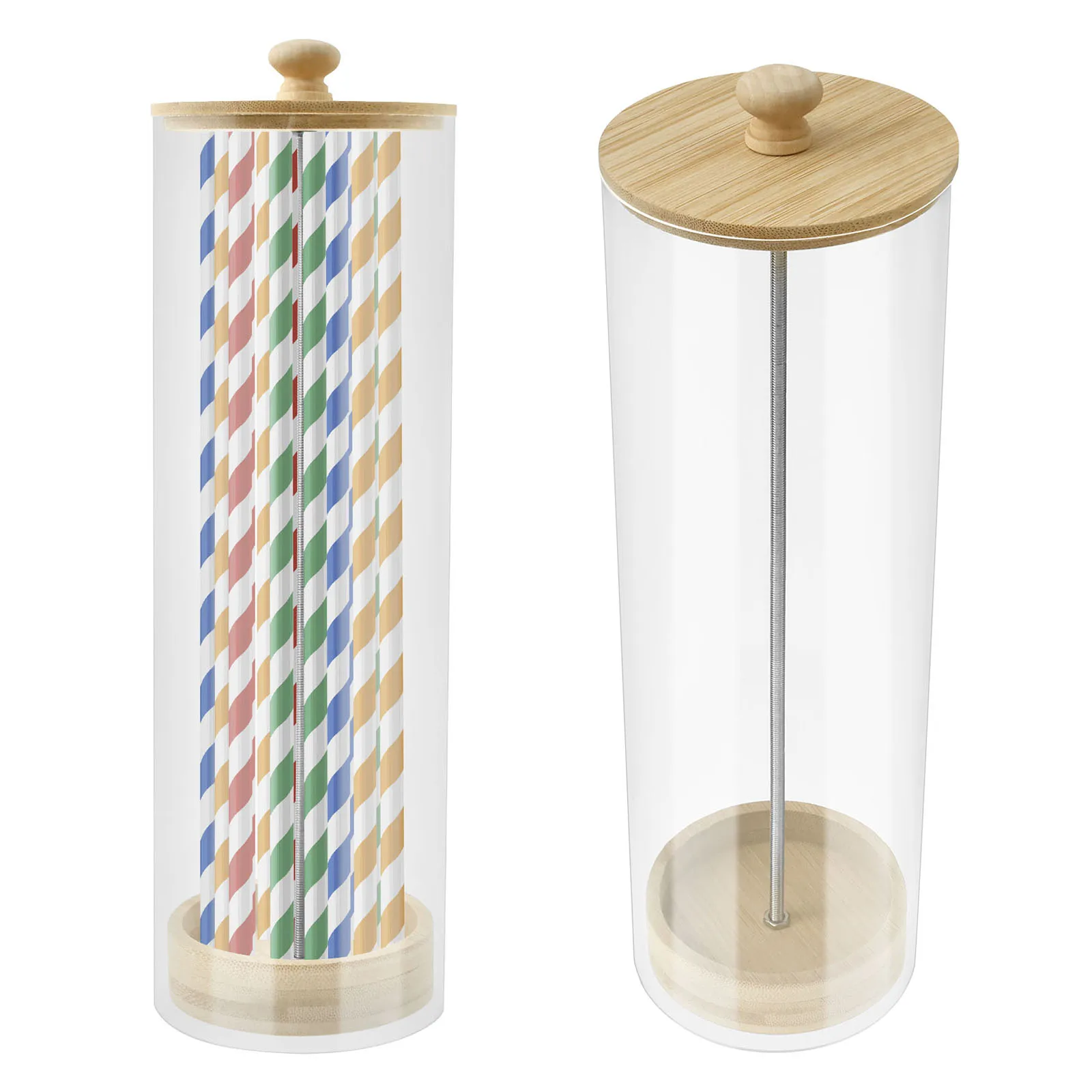Clear Acrylic Straw Holder Organizer With Wood Lid For Kitchen Storage