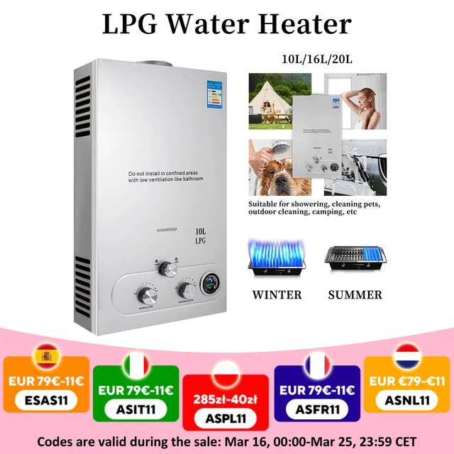 Chauffe-eau au gaz de pétrole liquéfié 10L 16L 20L chauffe-eau au GPL Kit de douche de chaudière sans réservoir en acier inoxydable pour l'extérieur et la maison 1