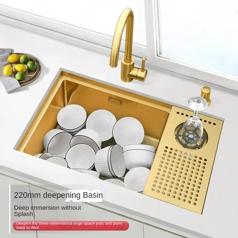 Luxury Golden Kitchen Sinks Kitchen Accessories Dish Drainer Stainless Steel Single-slot Bar Table Cup Washer Sink z