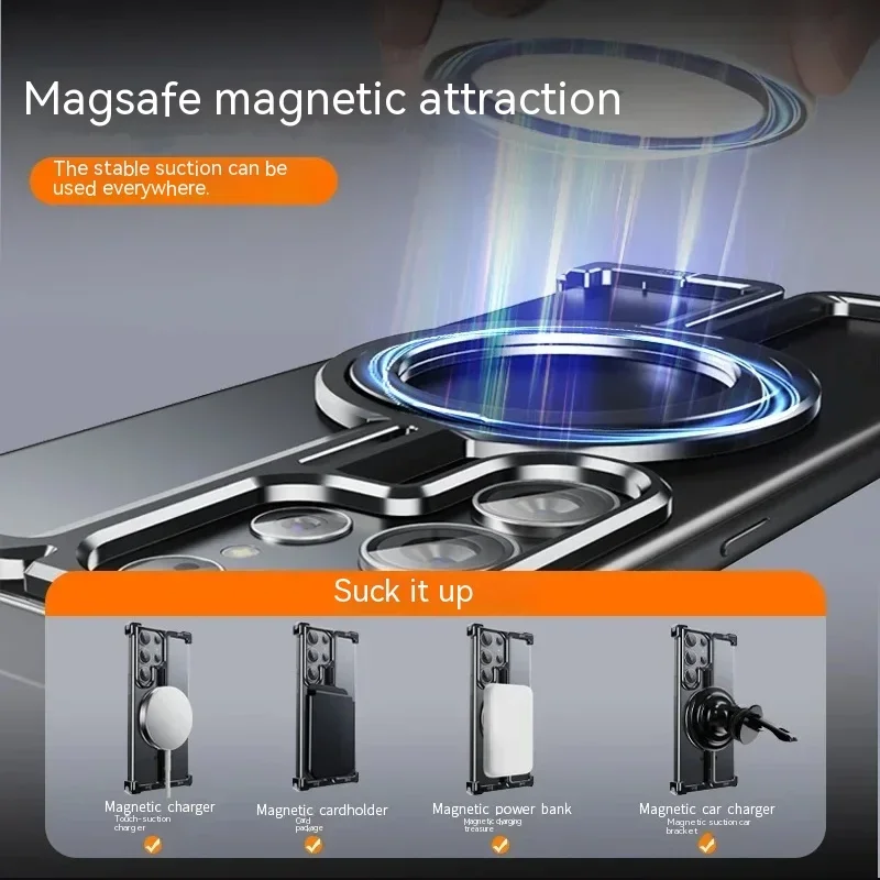 For Samsung Galaxy S24 S23 Ultra Case Luxury Magnetic Magsafe Rimless Metal Titanium Stand Shell Shockproof Protection Cover