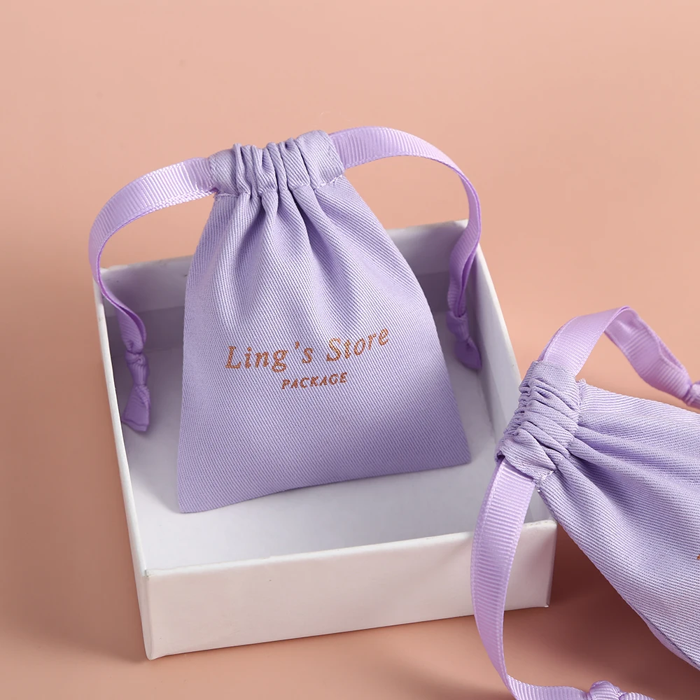 50 Purple Cotton Canvas Pouch Gift Bags with Ribbon Custom logo Drawstring Jewelry Packaging Wedding Favors Candy Goodie Bag