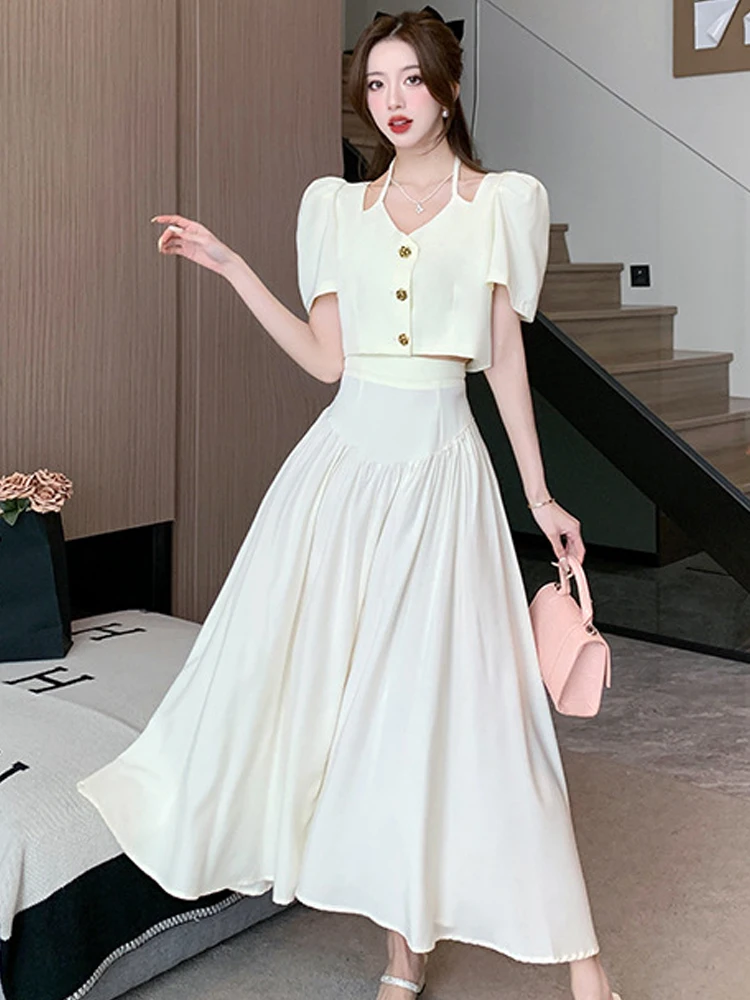 

Fashion Sweet 2 Pieces Outfits Women Celebrity Short Crop Tops Shirt Blouse Pleated Long Maxi Skirt Sets Street Holiday Clothes