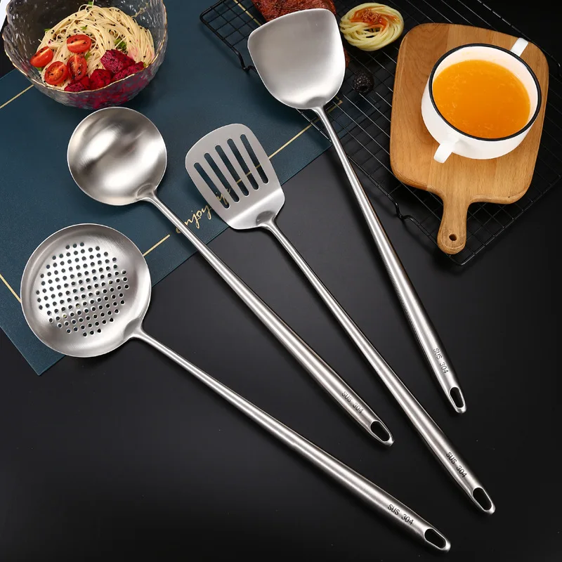 304 Stainless Steel Soup Spoon Cooking Spatula Long Handle Cookware Set Household Colander Frying Shovel Kitchen Gadgets