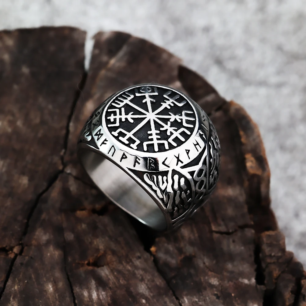 Nordic Viking Compass Rune Titanium Steel Ring European and American Hip Hop Style Men's Vintage Stainless Steel Ring Wholesale