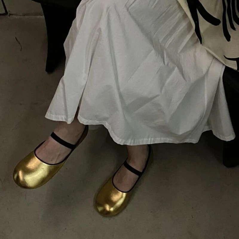 

2024 Spring New Sheepskin Mary Jane Ballet Shoes Women's Flat Bottom Comfortable Round Toe Ballet Dance Shoes Gold Silver