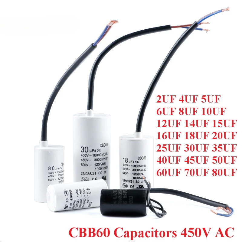 Motor Run Capacitors CBB60 450V AC Starting Capacitor 5% 2/4/5/6/8/10/12/14/15/16/18/20/25/30/40/45/70/80UF for Washing Machine