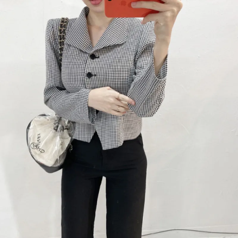 

Women's Autumn Basics Plaid Slim Jacket Coat Long Sleeve Single Breasted Outerwears Short Tops 2023