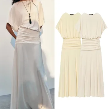 Elegante Abito Lungo in Stile Francese, Design Drappeggiato, Vita Alta, Vestibilità Slim, Lunghezza Midi, Tinta Unita, Misto Poliestere e Cotone