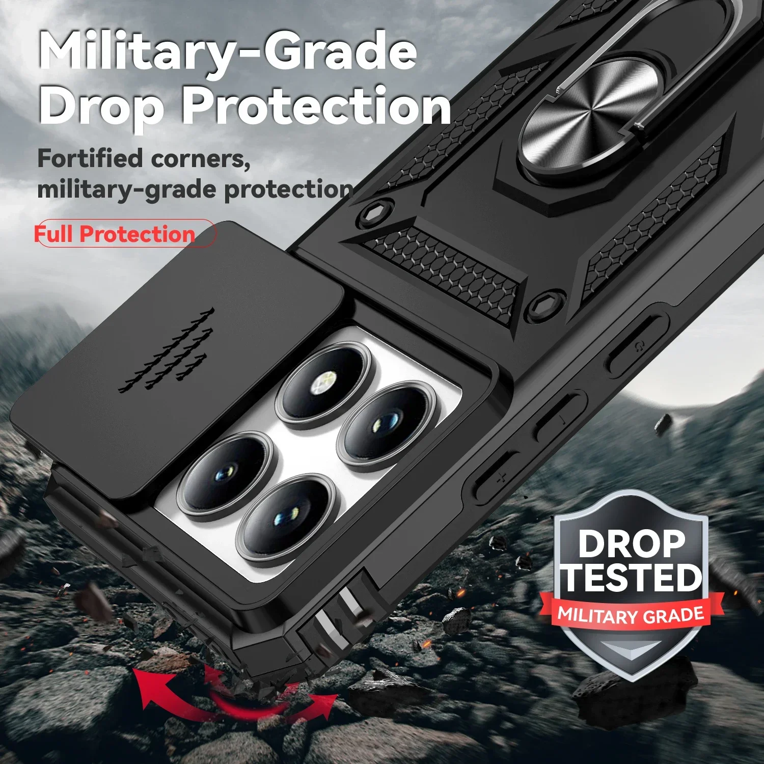 Car Magnetic Ring Stand Rotating Camera Lens Protective Case - Military Grade Armor Shockproof Cover