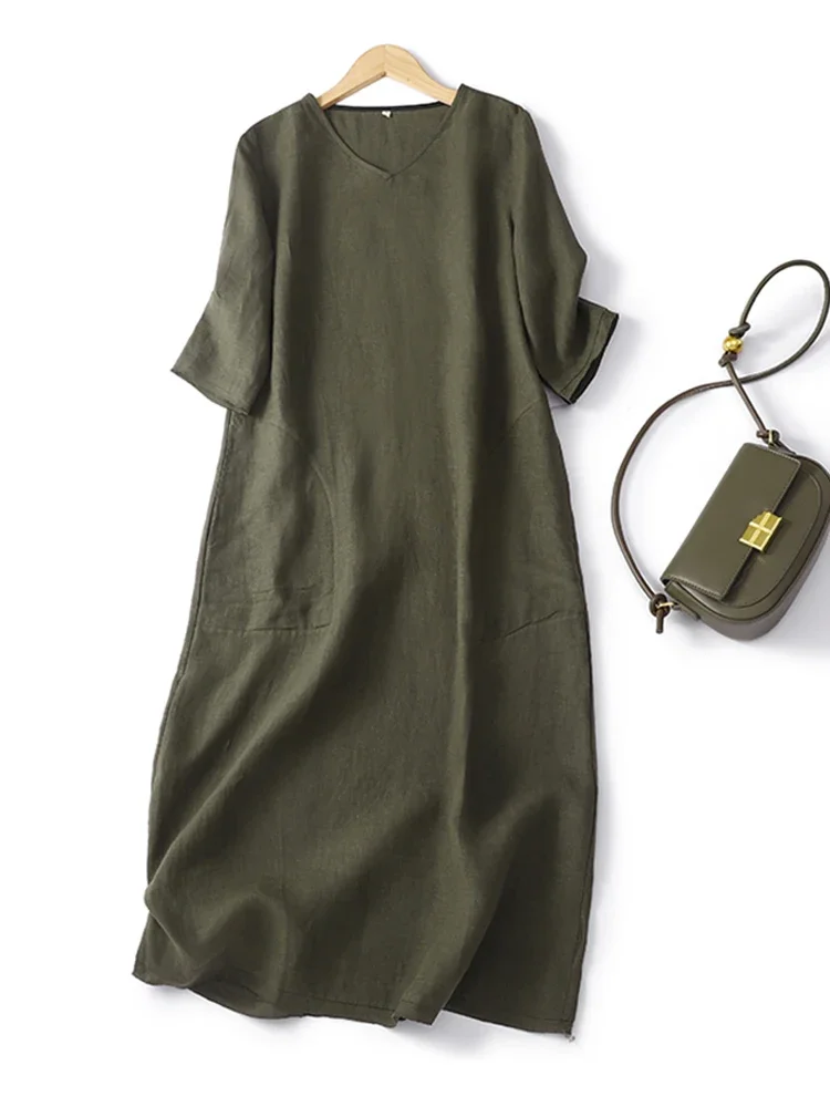 

Retro Cotton Solid Elegant Midi Dresses V-Neck Casual Loose Minimalist Designer Literature Dresses for Women Army Green Z402