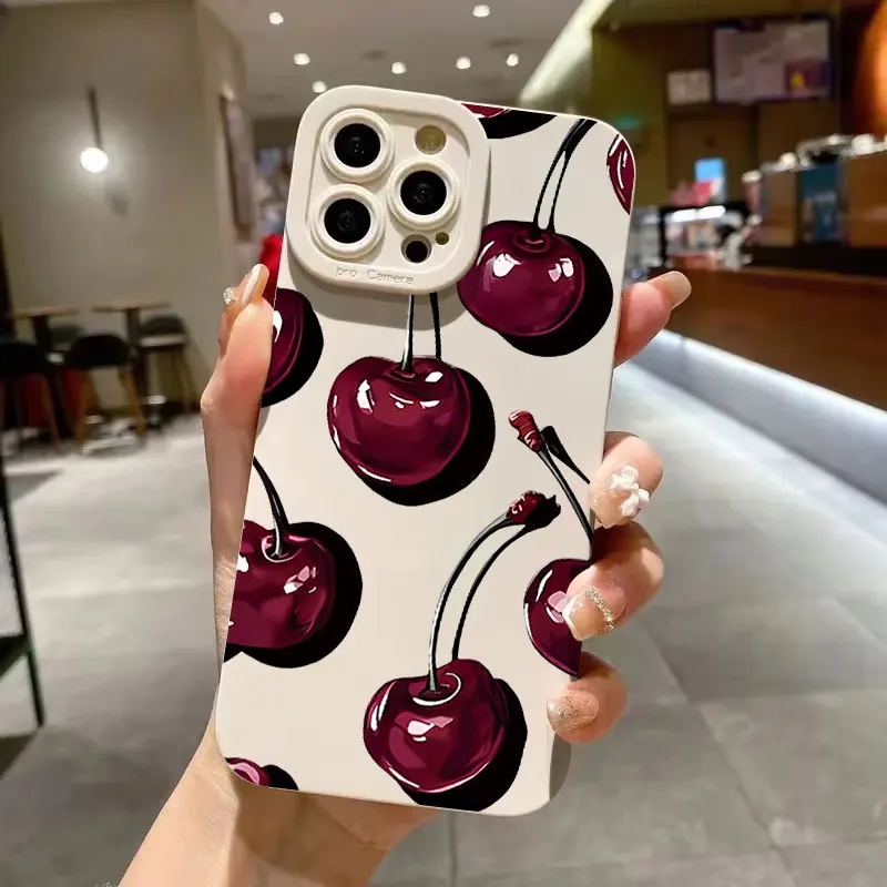 Cute Deep Red Cherry Pattern Shockproof Matte Phone Case