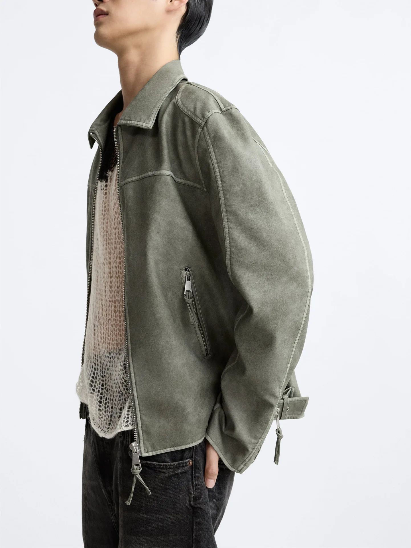 Spring men's lapel washed vintage distressed faux leather slim fit motorcycle jacket