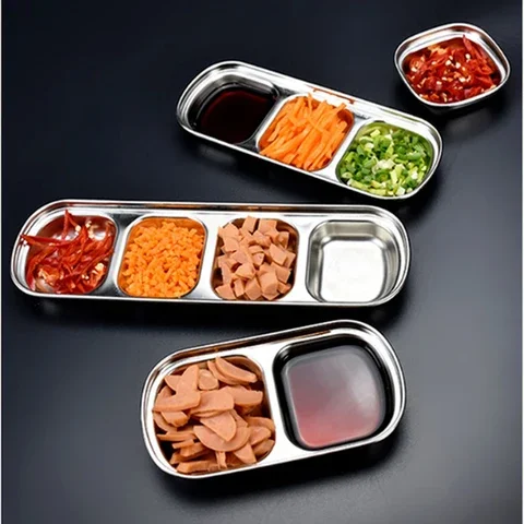 

2/3 Grid Stainless Steel Korean Style Snack Dipping Dish Seasoning Salad Sauce Dip Dish Tray Bowl Snack Plates Kitchen Tableware