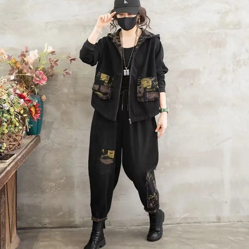 Single/Suit Jeans Suits 2023 Autumn New Korean Loose Jean Jacket Hooded+Jeans Sets Female Literary Retro Two Suits Cotton Female