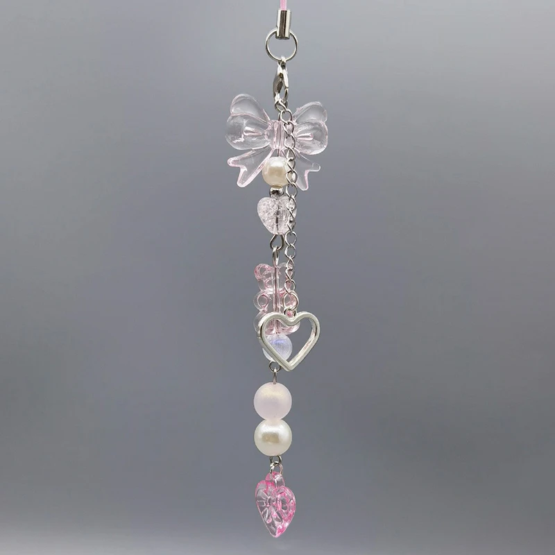 Charming Pink and Silver Bow & Heart Keychain Pendant - Cute Accessory