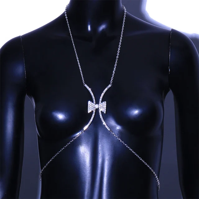 Stonefans Luxury Rhinestone Bow Chest Brace Breastplate Waist Harness Fashion Shiny Bra Chain Body Jewelry Support