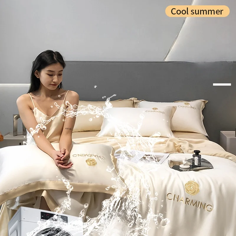 가벼운 럭셔리 실크 통기성 커버 여름 담요 4 피스 세트 여름 기계 세탁 가능 이불 삽입 얇은 이불 피부 친화적 얼음 실크 여름 이불, 여름 이불