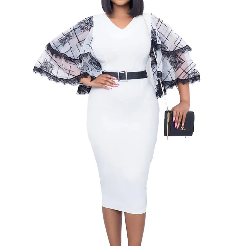 Plus Size Clothes Lady Commute Net Yarn Splicing Flare Three Quarter Sleeve Sashes Slim Autumn V-Neck Bag Hip Elegant Midi Dress