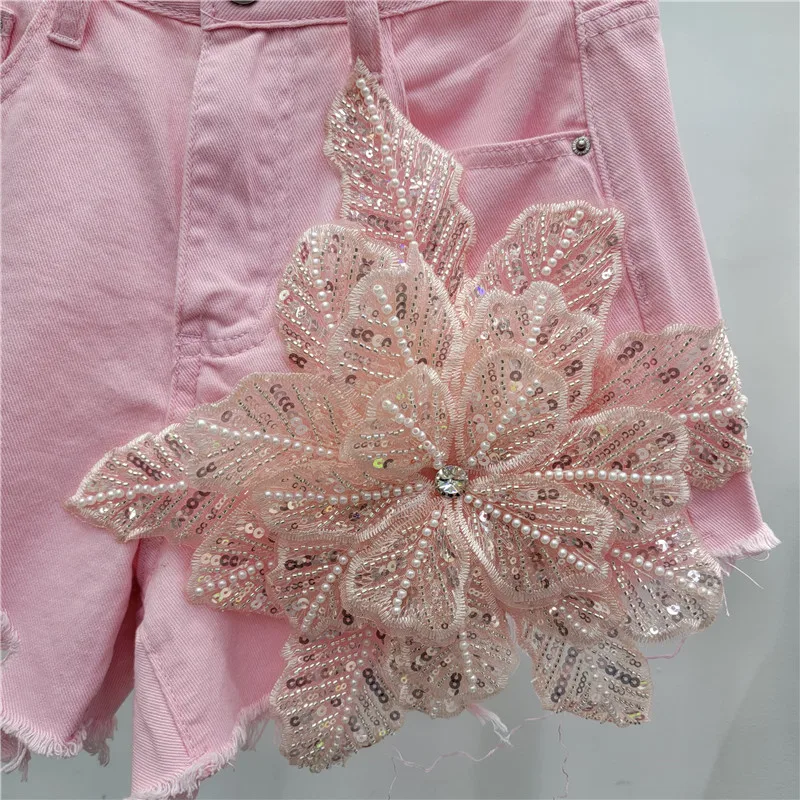 Denim Shorts Women's 2024 Summer New Korean Style Fashion Three-Dimensional Embroidered Ripped Burr Straight Wide Leg Jeans