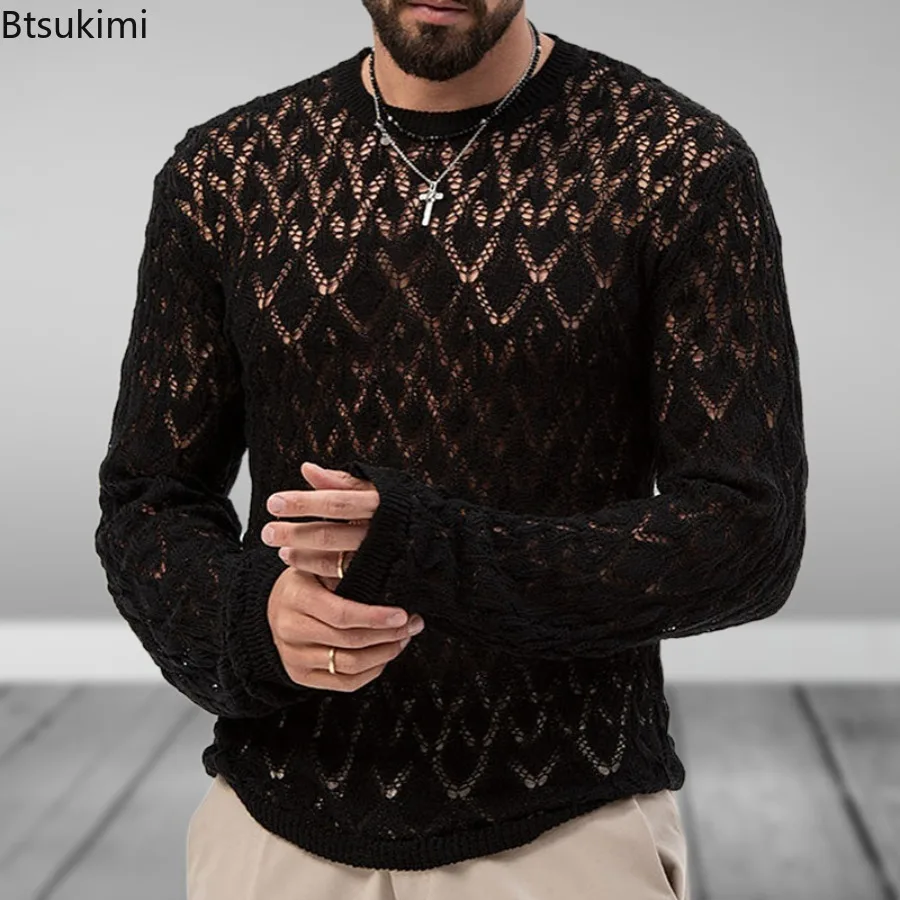 2024 Herren sexy aushöhlen gestrickte Pullover Retro Langarm dünne Stickerei Strick T-Shirt schwarz transparente hohle Tops für Männer