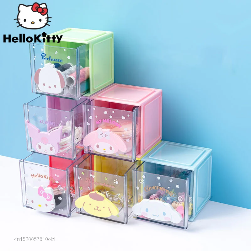 

6 Style Kawaii Sanrio Square Small Storage Drawer Box Anime Kuromi My Melody Cinnamoroll Cute Desktop Jewelry Mini Storage Case