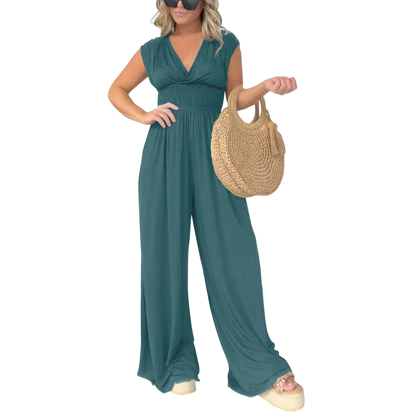

Women'S New Jumpsuits Summer Casual V-Neck Loose High Waist Jumpsuits Leisure Vacation Solid Sleeveless Wide Leg Jumpsuits
