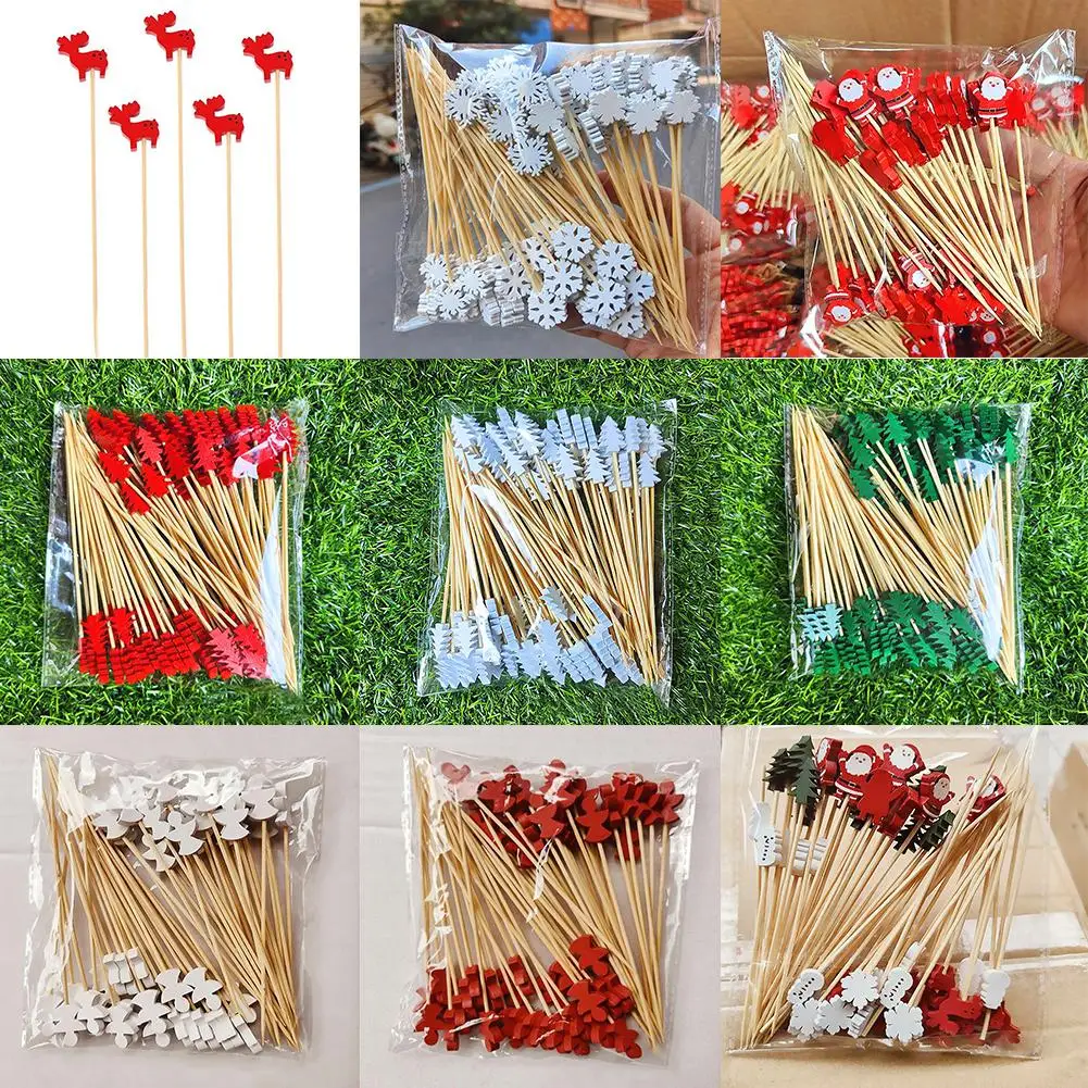 50Pcs Bamboo Appetizer Forks Christmas Theme Food Picks Party Picks Mini For Parties Fruits Charcuterie fruit fork food picks food toothpicks