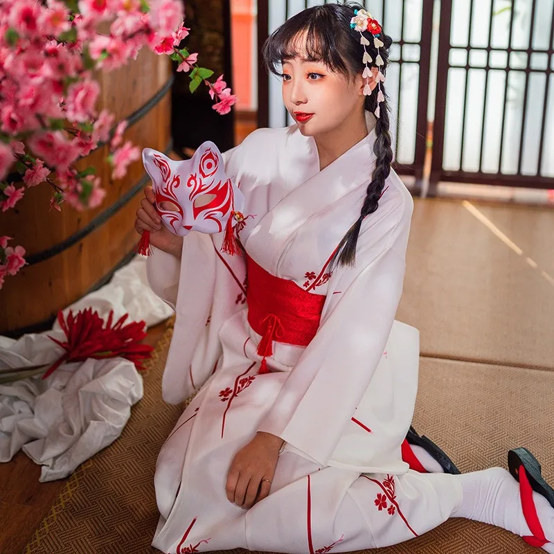 YOOCHUENG Dames Kimono Japanse Yukata Set met Riem Masker Haarspeld Waaier Handtas Tabi-sokken Set,Anime Cosplay Kostuum Ochtendjas Dames Kimono Badjas,Inclusief Geschenkdoos