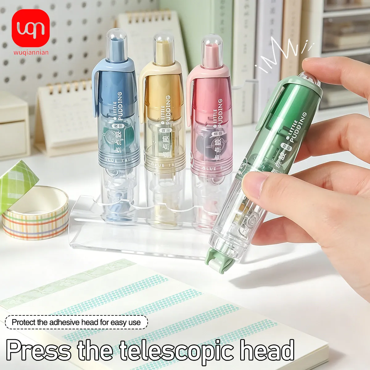 WQN-4PCS 360 ° 회전식 양면 테이프 0.24x315인치 DIY 스크랩북 교체 가능 코어 롤러 테이프 펜