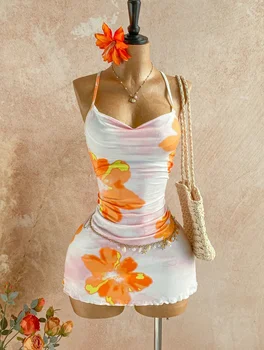 Robe mini moulante pour femme, col licou, imprimé floral, fronces latérales, ourlet à volants, style Y2K, été 2026, plage tropicale, soirée, sortie