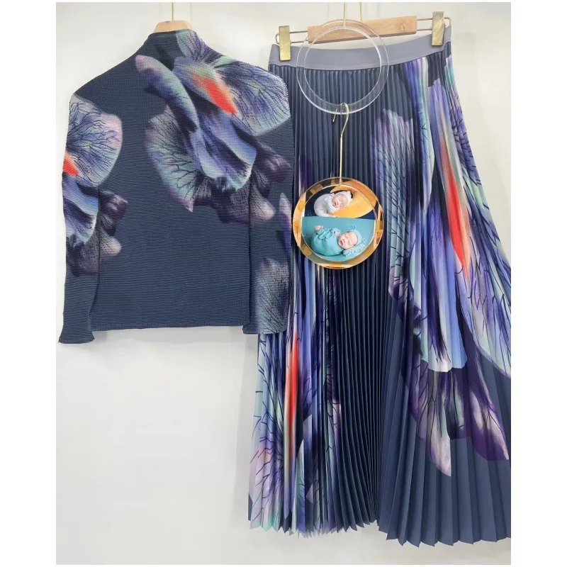 Miyake Style Pleated 2 Piece Set  Autumn New Printed Corn Pleated Loose T-shirt Fashion High Waist Pleated Skirt Suit for Women