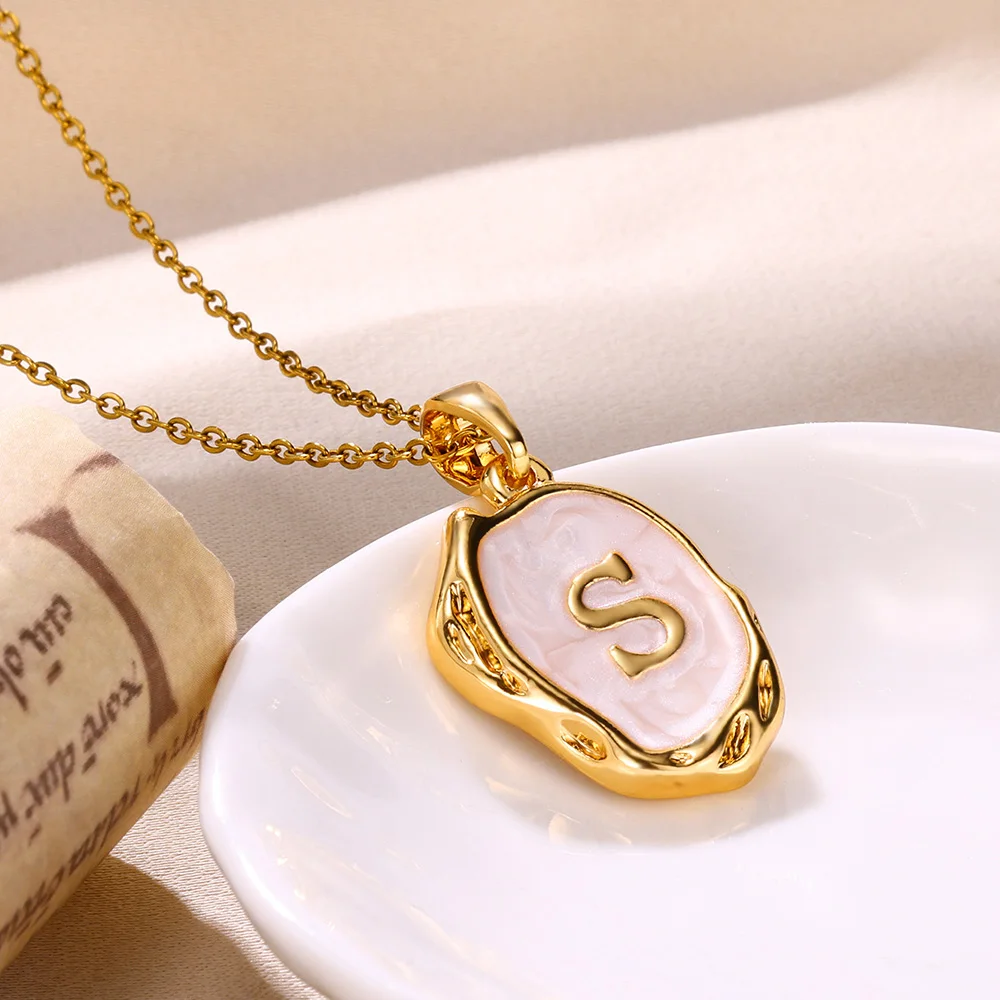 Women Jewelry Initial A-Z Letters Pendant Necklace Vintage Oil Dripping Shell