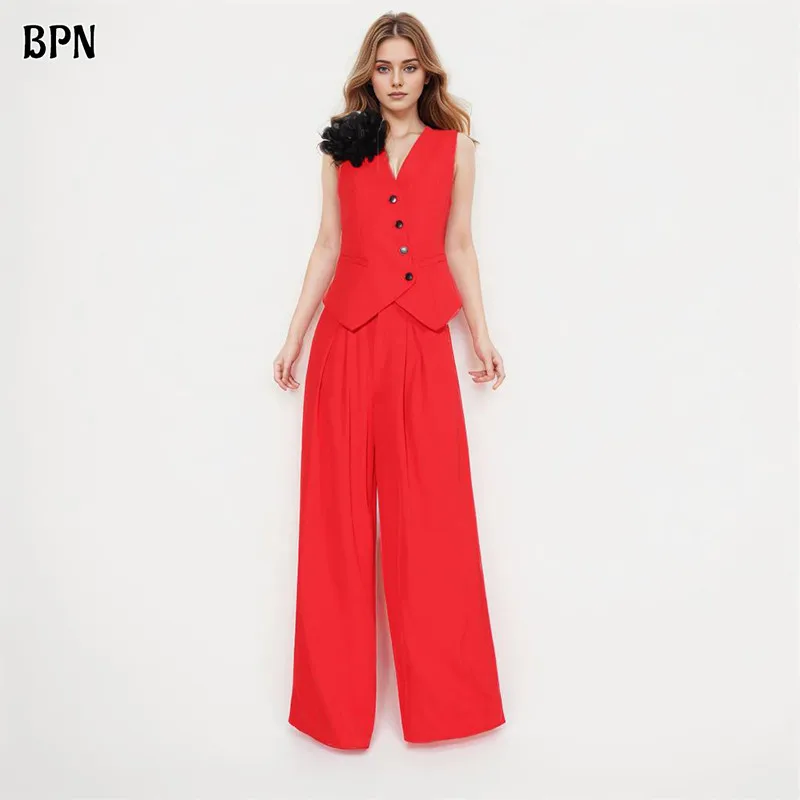 BPN Temperament Two Piece Sets V Neck Sleeveless Spliced Appliques Vests High Wiast Loose Wide Leg Pant Casual Set Female Style