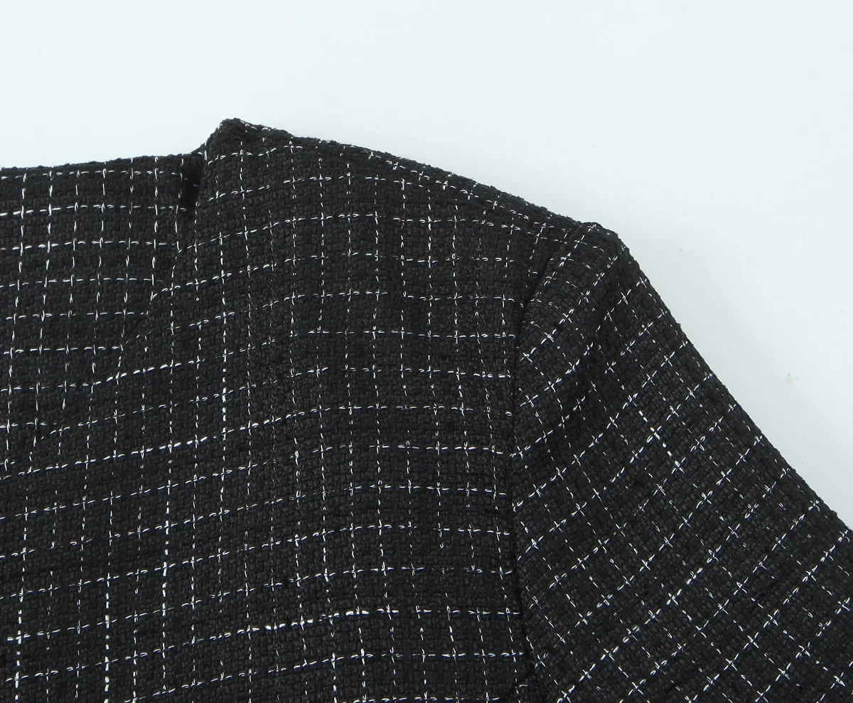 French Style Retro V collar Plaid Woven Tweed Blazer + High Waist Mini Short Skirts Suits 2 pieces 1 Set Black White