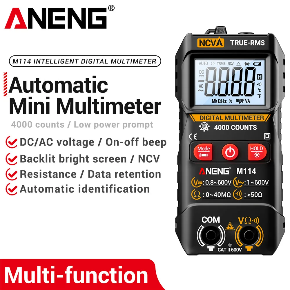 Digitales Multimeter ANENG M114 4000 Messungen AC-Spannungstester Intelligentes Strommessgerät Auto NCV Widerstandsmessung mit Signalton Amperemeter Testwerkzeug