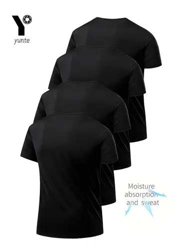 Round Neck T-Shirt 4-Pack Black Ultra-Light Men's Quick Drying Breathable Sweat-Absorbent Shirt Suitable for Fitness Gym and Run - Image 2