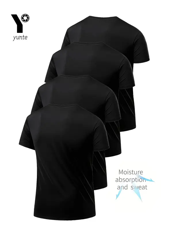 Round Neck T-Shirt 4-Pack Black Ultra-Light Men's Quick Drying Breathable Sweat-Absorbent Shirt Suitable for Fitness Gym and Run - Image 2